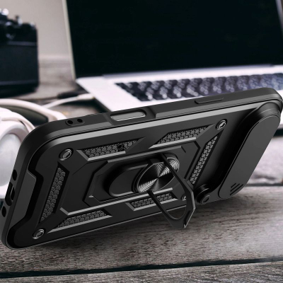 Këllëf telefoni Hurtel Hybrid Armor Camshield për iPhone 17 Air, me stand, me kapak kamere, i zi