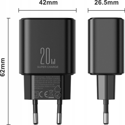 Karikues muri Joyroom JR-TCF05, 20W PD QC, me kabllo USB-C 1m, i zi