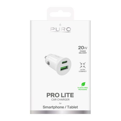 Полнач за автомобил Puro Pro Lite, 20W, USB USB-C, бел