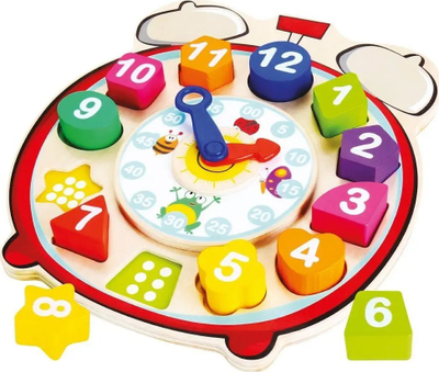 Orë druri me forma Bino Wooden Shape Sorting Clock, lodër didaktike shumëngjyrëshe