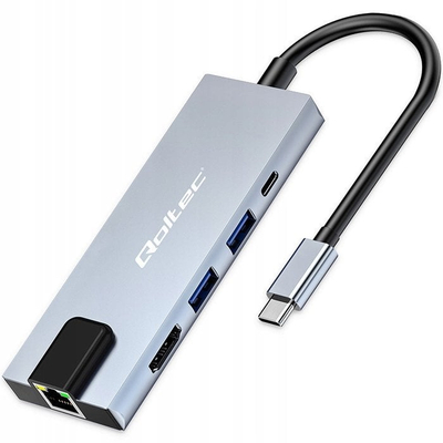 USB хаб Qoltec USB C Hub 5in1, HDMI 4K, RJ45, сребрена боја