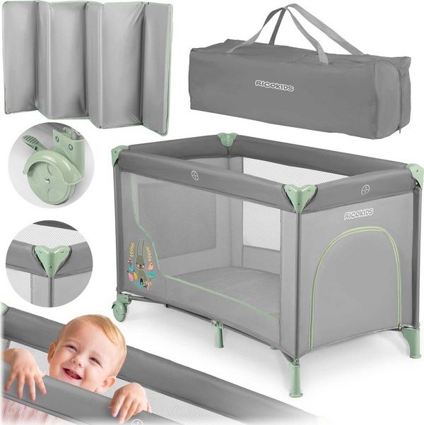 Krevat udhëtimi Ricokids (RK-240), 125 x 65 x 78 cm, i hirtë / mint
