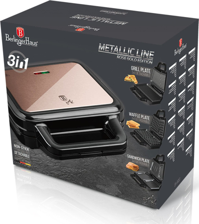Tostierë 3 në 1 Berlinger Haus BH-9453, 900W, me pllaka që i heq e i vë, e zezë rose gold