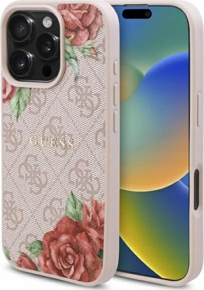 Kapak telefoni Guess 4G Flowers për iPhone 16 Pro, me MagSafe, rozë