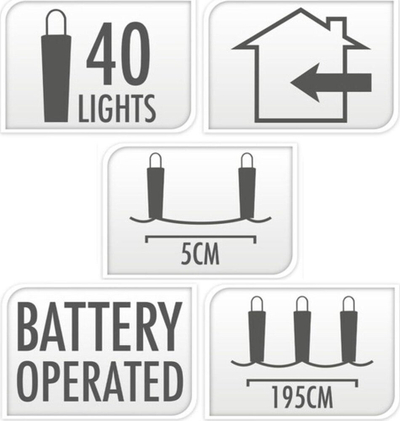 Dekor për Krishtlindje me drita LED, 40 LED, 195cm, me bateri, dritë e bardhë e ftohtë