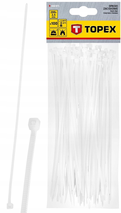 Kapëse kabllosh Topex 44E971, set 100 copë, 200mm x 2.5mm, të bardha