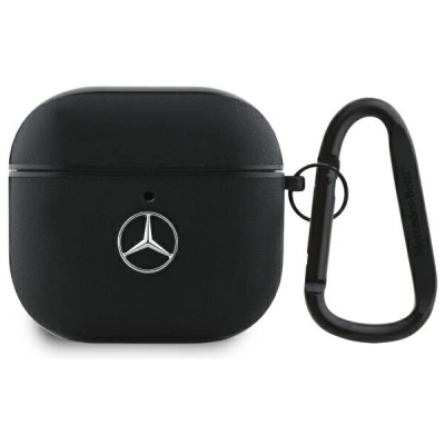 Mbështjellës Mercedes Leather për AirPods 4, lëkurë e vërtetë, me karabinë, i zi