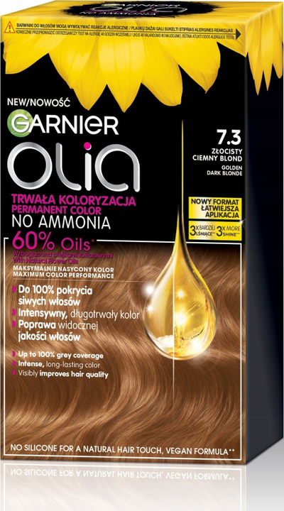 Bojë flokësh Garnier Olia 7.3 Dark Golden Blonde, ngjyrë e qëndrueshme, bionde e artë e errët