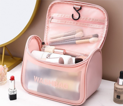 Çantë kozmetike organizuese Vanity Case për udhëtim, me grep, rozë