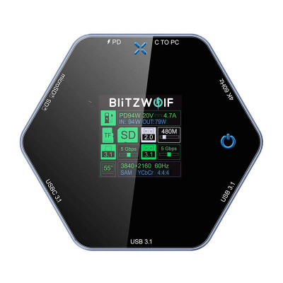 Docking station BlitzWolf BW-TH16, 8in1, 100W USB-C, me ekran LCD, e zezë
