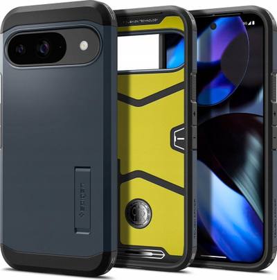 Kapak telefoni Spigen Tough Armor për Pixel 9 dhe Pixel 9 Pro, me këmbë mbajtëse, mbrojtje ushtarake, gri metalike