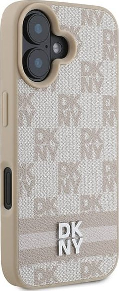 Навлака за телефон DKNY PU Leather, за iPhone 16, кариран модел со линии, розова