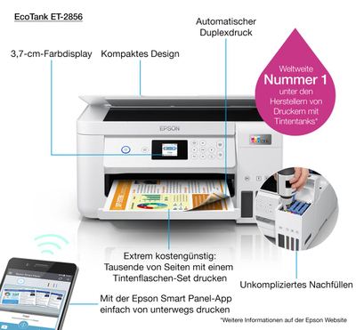 Printer multifunksional Epson EcoTank ET-2856, Inkjet A4, Wi-Fi, i bardhë