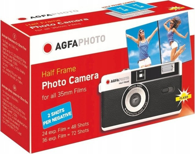 Фотоапарат AgfaPhoto Half Frame, филм 35mm, за повеќекратна употреба, црн