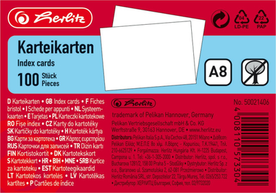 Karta indeksi Herlitz A8, 170 g/m², pa vija, të bardha, 100 copë