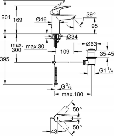 Rubinet lavamani Grohe Eurosmart 332652433, montim me një vrimë, matt black