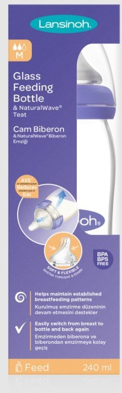 Шише за хранење од стакло Lansinoh Natural Wave, 240 ml, проѕирно