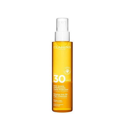 Vaj mbrojtës ndaj diellit për trup dhe flokë Clarins Glowing Sun Oil SPF 30, 150 ml