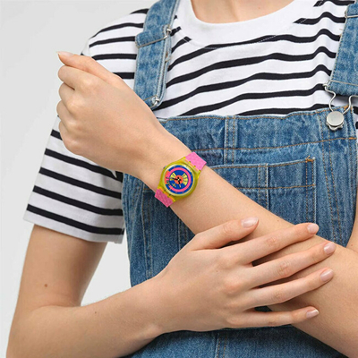 Orë për femra SWATCH Shades of Neon SO28J700, rozë/verdhë