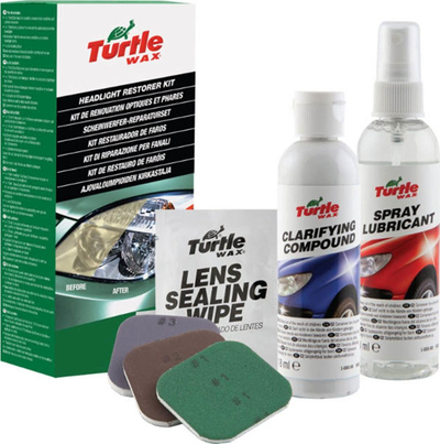 Set për ndreqjen e farave Turtle Wax Headlight Restorer Kit, 240 ml, për xhama plastikë, transparent