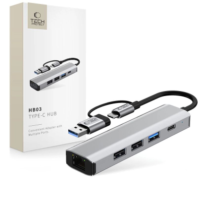 USB разводник Tech-Protect HB03, 5 во 1, Type-C USB-A RJ45, сив металик