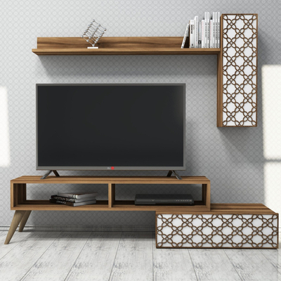 Komodë TV Kalune Design Planet, me rafte të hapura, panel dekorativ, dru natyral