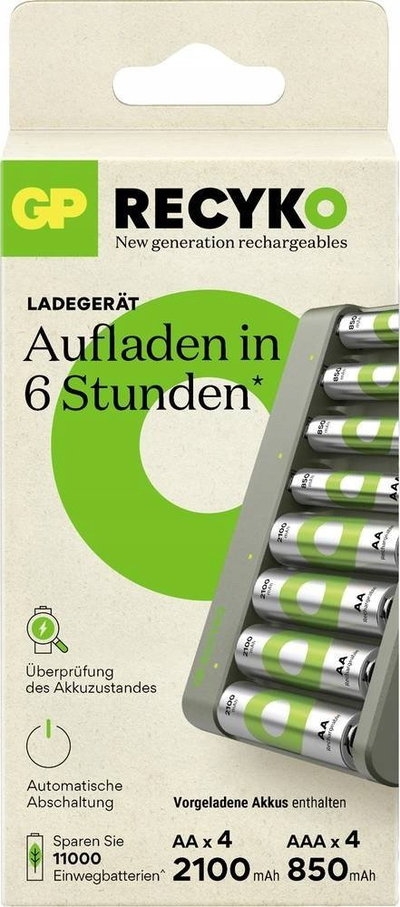 Karikues baterish GP ReCyko E821, AA AAA NiMH, der i 8 bateri, gri