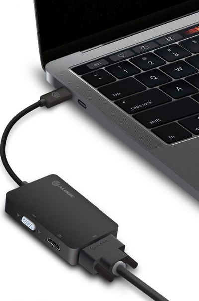 Adapter video Alogic UCVGDVHD ADP, USB C në HDMI DVI VGA, 3 në 1, i zi