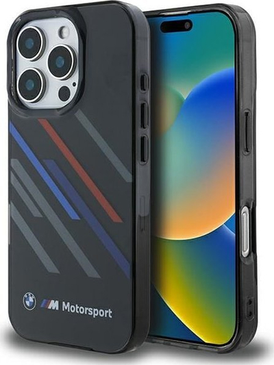 Kuti mbrojtëse BMW Motorsport IML Random Stripes për iPhone 16 Pro Max 6.9", stil sportiv, e zezë