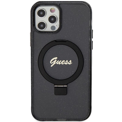 Kapotë telefoni Guess GUHMP12MHRSGSK për iPhone 12 / 12 Pro 6.1", e fortë MagSafe, me unazë, e zezë