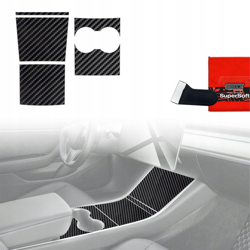 Folie mbrojtëse interieri GrizzGlass PianoSkin për Tesla Model 3 2017-2020, 4 në 1, karbon me shkëlqim, e zezë