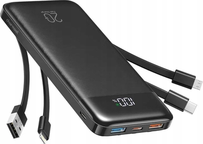 Power bank Charmast W1148, 10000mAh, PD 20W, me kabllo të integruara, i zi