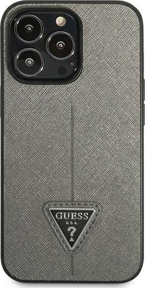 Kapak telefoni Guess Saffiano Triangle Logo për iPhone 14 Pro 6.1", hardcase, argjend