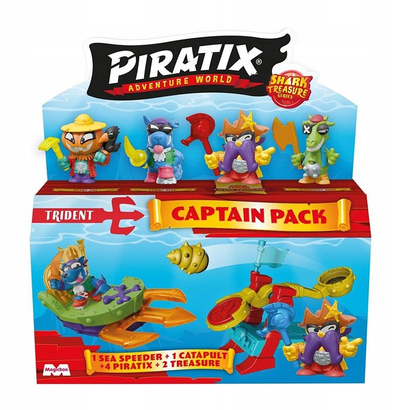 Set lojrash Piratix Shark Treasure Captain Pack, 4 figura, Sea Speeder me katapultë, shumëngjyrësh