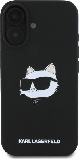Kuti telefoni Karl Lagerfeld Choupette Head për iPhone 16, silikon i lëngshëm, e zezë
