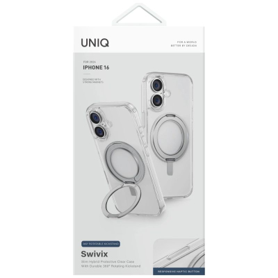 Футрола за телефон Uniq Swivix за iPhone 16 6.1", со држач kickstand 360°, транспарентна