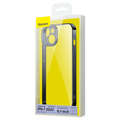 Set Kuti Transparent Glitter Baseus dhe Xham i Temperuar për iPhone 14 Plus (I zi)