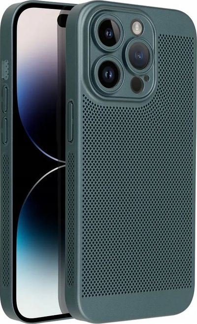 Futrollë telefoni Breezy për iPhone 15 Pro, plastike, me vrima ajrimi, jeshile e errët