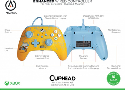 Kontroller PowerA XS Enhanced Cuphead, me kabllo, i verdhë