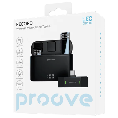 Mikrofon wireless Proove Record Type-C, set 2 copë me kuti për karikim