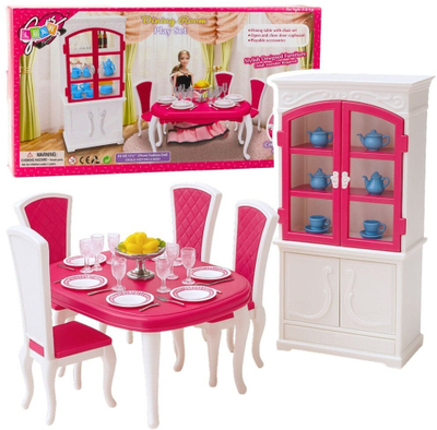 Set ngrënieje për kukulla Dining Set For Dolls, tavolinë dhe karrige, bufet me enë, rozë e bardhë