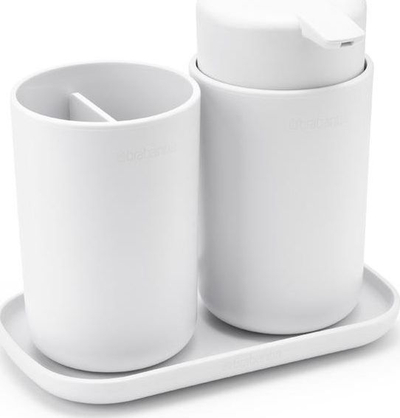 Set banjoje Brabantia Double Tumbler, dozator sapuni 250 ml, tabaka me kubek i dyfishtë, i bardhë