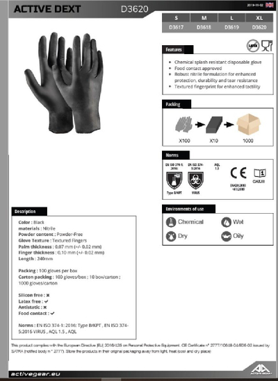 Doreza njëpërdorimshe nitrili Active Gear D3620, XL, pa pluhur, të zeza