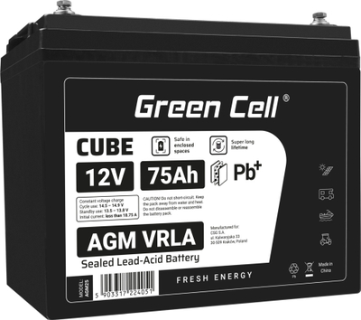 Bateri AGM Greencell 12V 75Ah VRLA, pa mir'mbajtje, gri