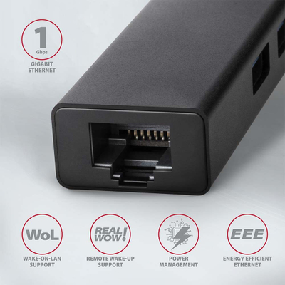 Мултипорт хаб AXAGON HMA-GL3A, USB 3.0 Тип A, Gbit LAN, 3x USB-A, читач на microSD, црн