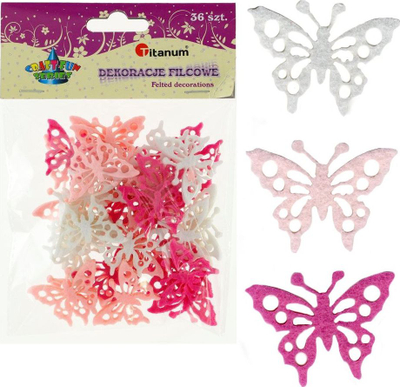 Set dekorativ Titanum Felt Openwork Butterflies, 36 copë, flutura me filc, shumëngjyrëshe