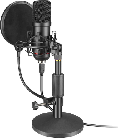 Set mikrofoni Mozos: Bazë për tavolinë, pop filter, rrjetë kundër dridhjeve (MCABLE-XLR-FTM), e zezë