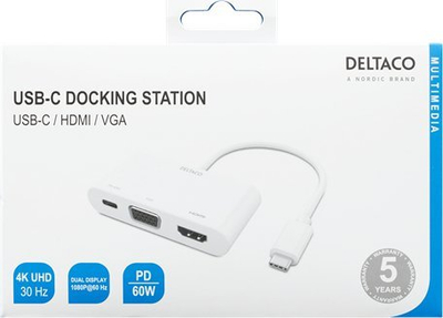 Adaptor USB-C Deltaco Docking Station, HDMI VGA, PD 60W, i bardhë