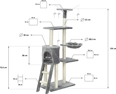 Pemë loje për mace Funfit Cat Scratch Post XL 1808, me lodra të varura, me litar sisali, gri
