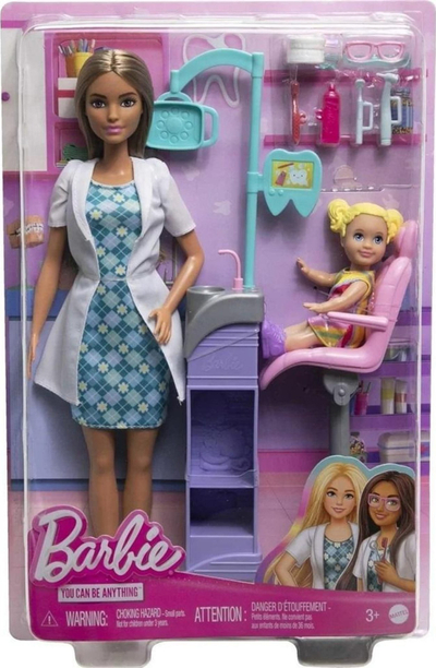 Set lojrash Barbie Careers Dentist, kukull dentiste, pajisje klinike, shumëngjyrësh